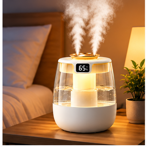 White and gold humidifier on a bedroom bedside table