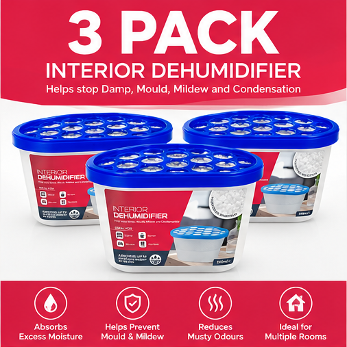 Three moisture absorber tubs with blue perforated lids
