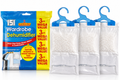 Hanging wardrobe moisture absorber bags, 3-pack, with blue hooks and clear water-collection pouches